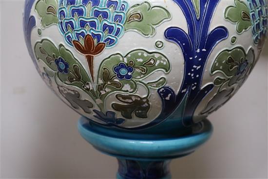 A Burmantofts faience Isnik style jardiniere and stand, c.1900, impressed marks including model numbers 2096 total height 84.5cm